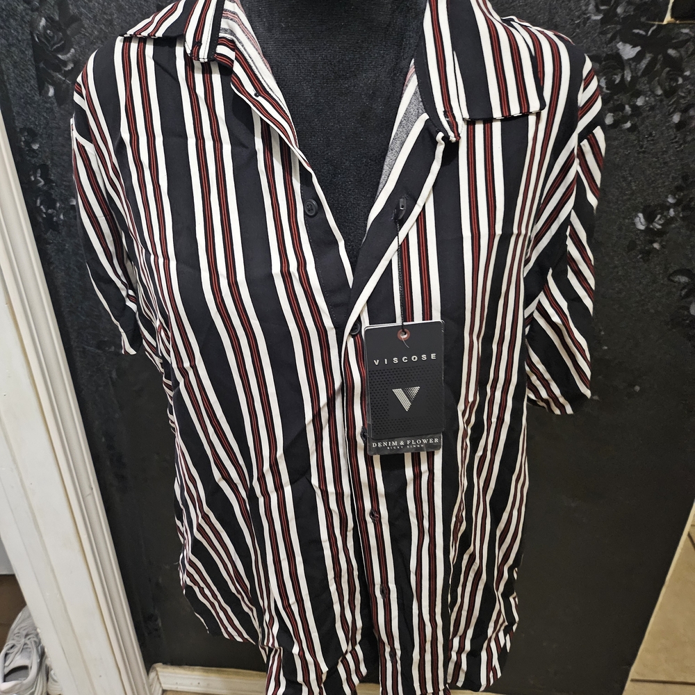 Denim & Flower Black, White, and Red Striped Shirt